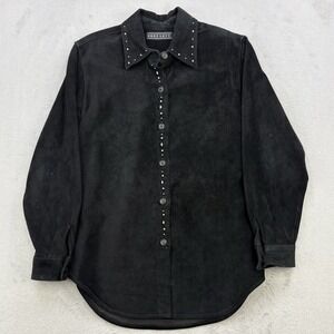 Erez Levy Leather Shirt Womens Small Black 100% Real Leather Rhinestones Suede